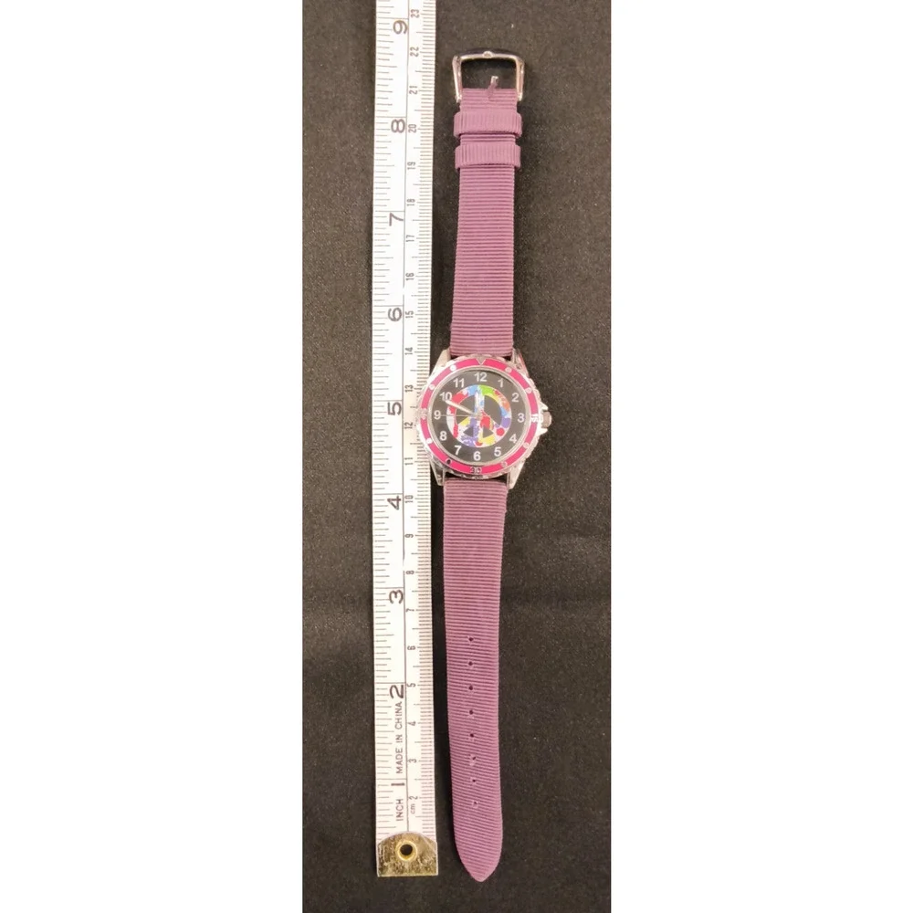 Accutime Silver/Pink Round Peace Sign Black Face Purple Unisex Watch Band #W5175